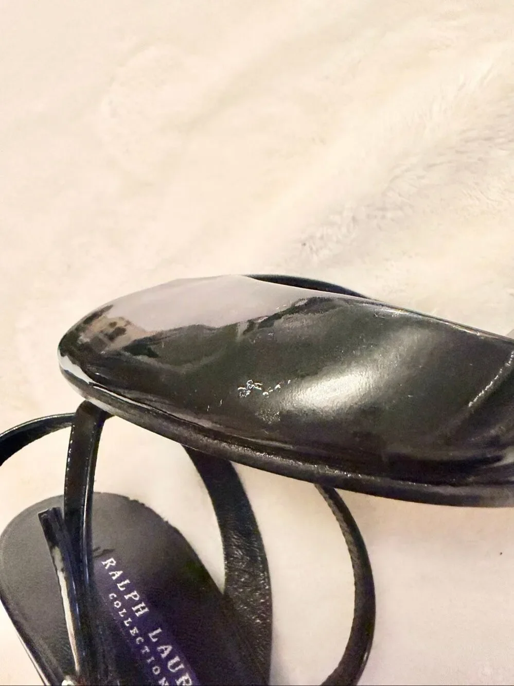 Ralph Lauren Collection Black Patent Leather Wedge Peep Toe Heels Size 7